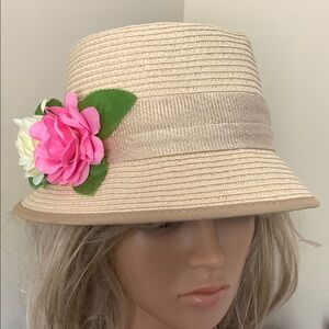 Angela & William Summer Fedora Sun Hat with Pink and Pale Yellow Floral Accent